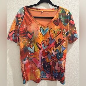 Colorful Heart Print V-Neck Women's Top